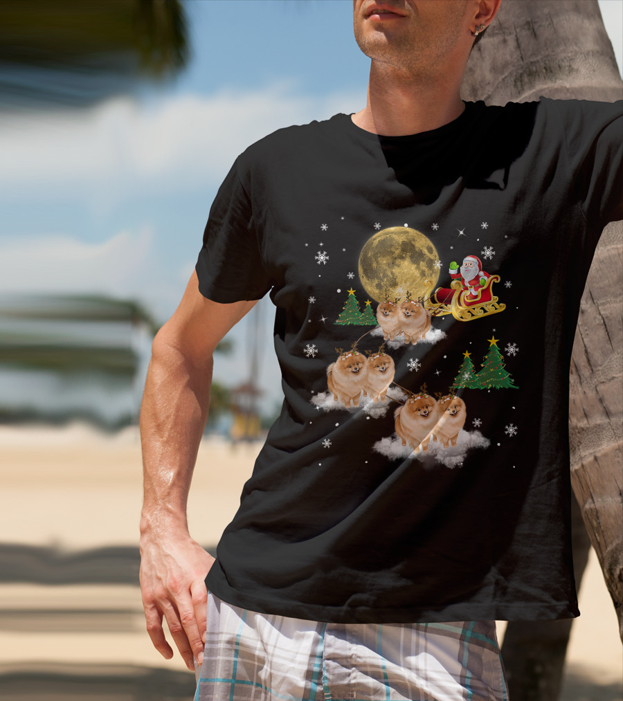 Pomeranian Christmas Santa Sled With Reindeer Funny Dog Love T-Shirt