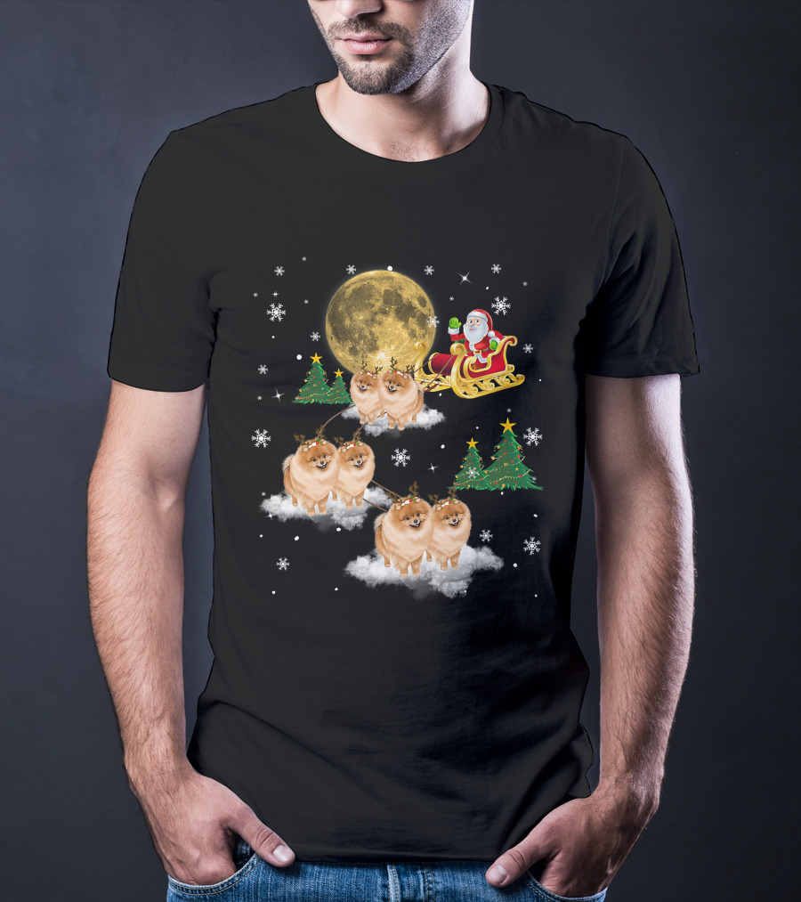 Pomeranian Christmas Santa Sled With Reindeer Funny Dog Love T-Shirt