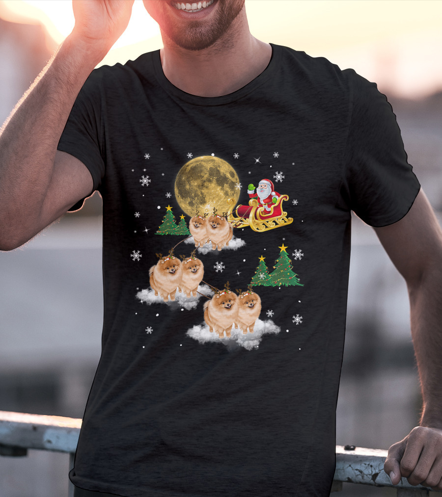 Pomeranian Christmas Santa Sled With Reindeer Funny Dog Love T-Shirt