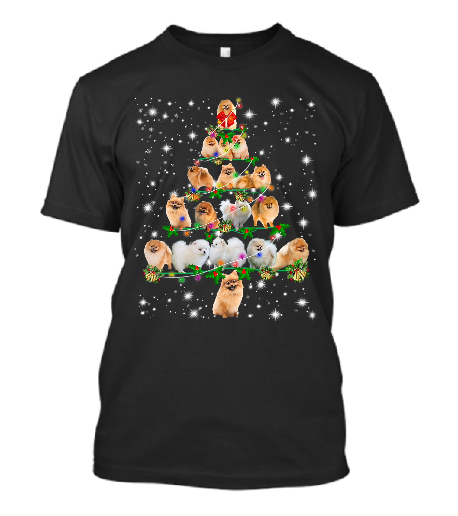 Cute Pomeranian Christmas Tree With Fairy Lights And Starry Background T-Shirt
