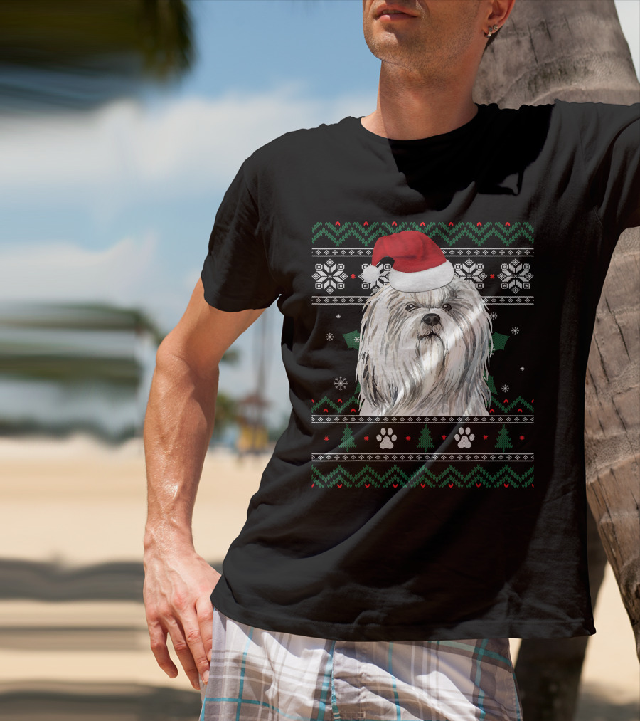 Cute Shih Tzu Dog Wears Santa Hat Christmas Pattern Snowflakes And Trees T-Shirt
