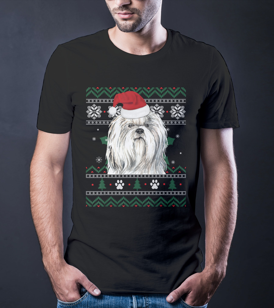 Cute Shih Tzu Dog Wears Santa Hat Christmas Pattern Snowflakes And Trees T-Shirt