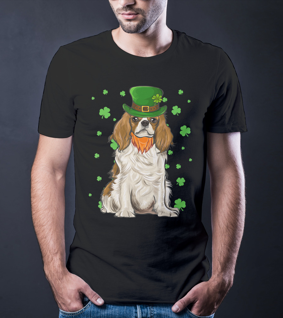 St Patricks Day Cavalier King Charles Spaniel Green Hat Clover T-Shirt