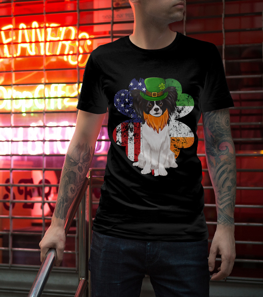 St Patricks Day Irish American Flag Papillon Dog With Leprechaun Hat And Shamrock T-Shirt