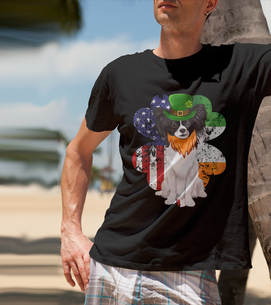 St Patricks Day Irish American Flag Papillon Dog With Leprechaun Hat And Shamrock T-Shirt