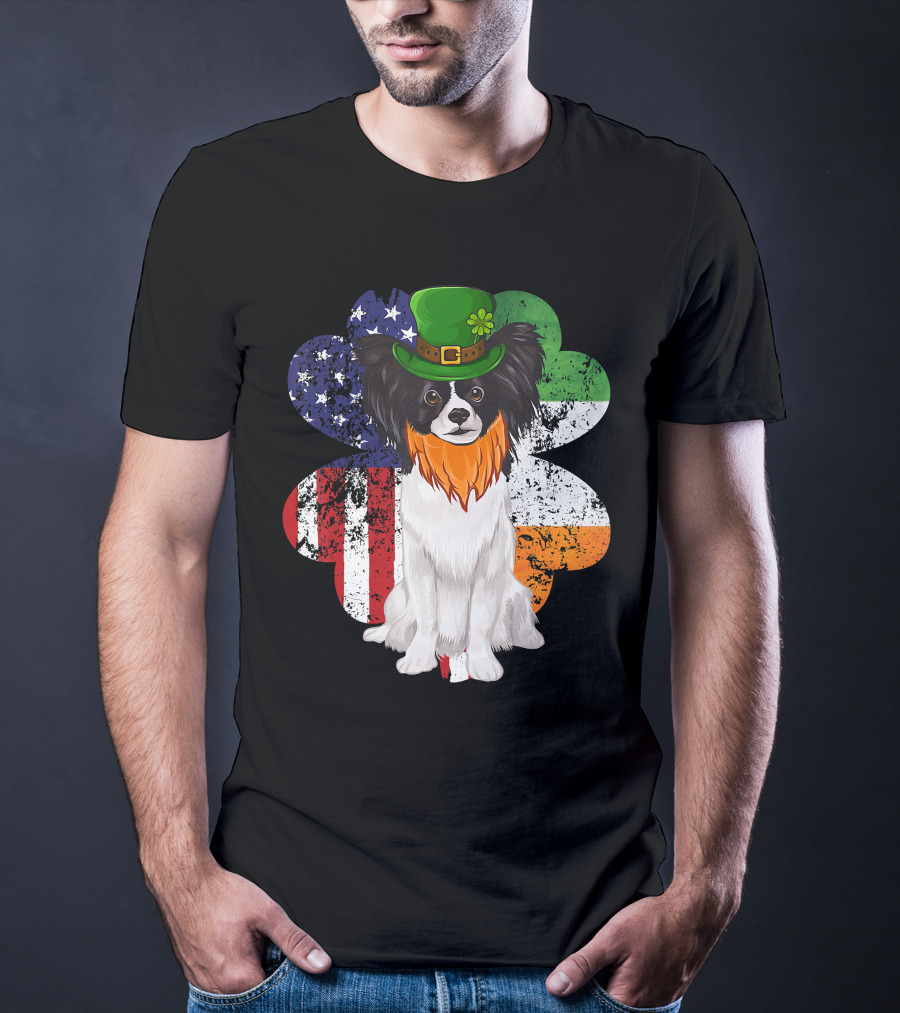 St Patricks Day Irish American Flag Papillon Dog With Leprechaun Hat And Shamrock T-Shirt