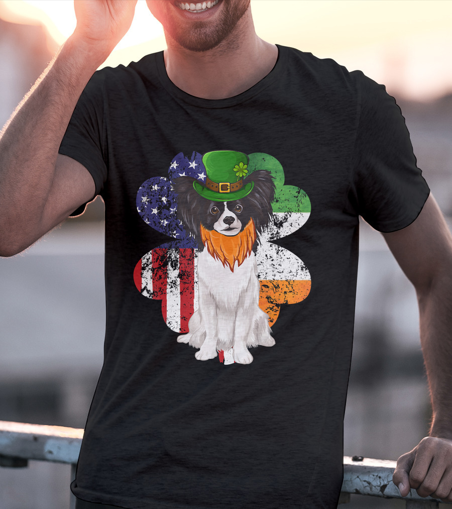 St Patricks Day Irish American Flag Papillon Dog With Leprechaun Hat And Shamrock T-Shirt