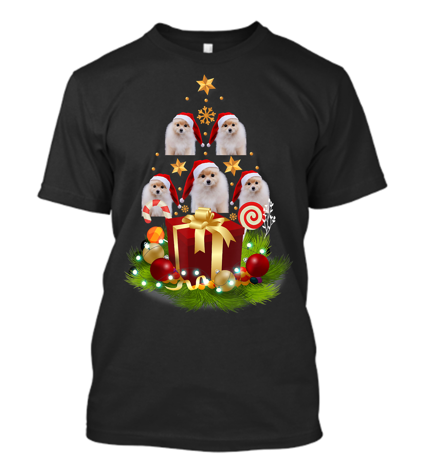 Santa Pomeranian Christmas Tree With Presents And Candy Canes T-Shirt