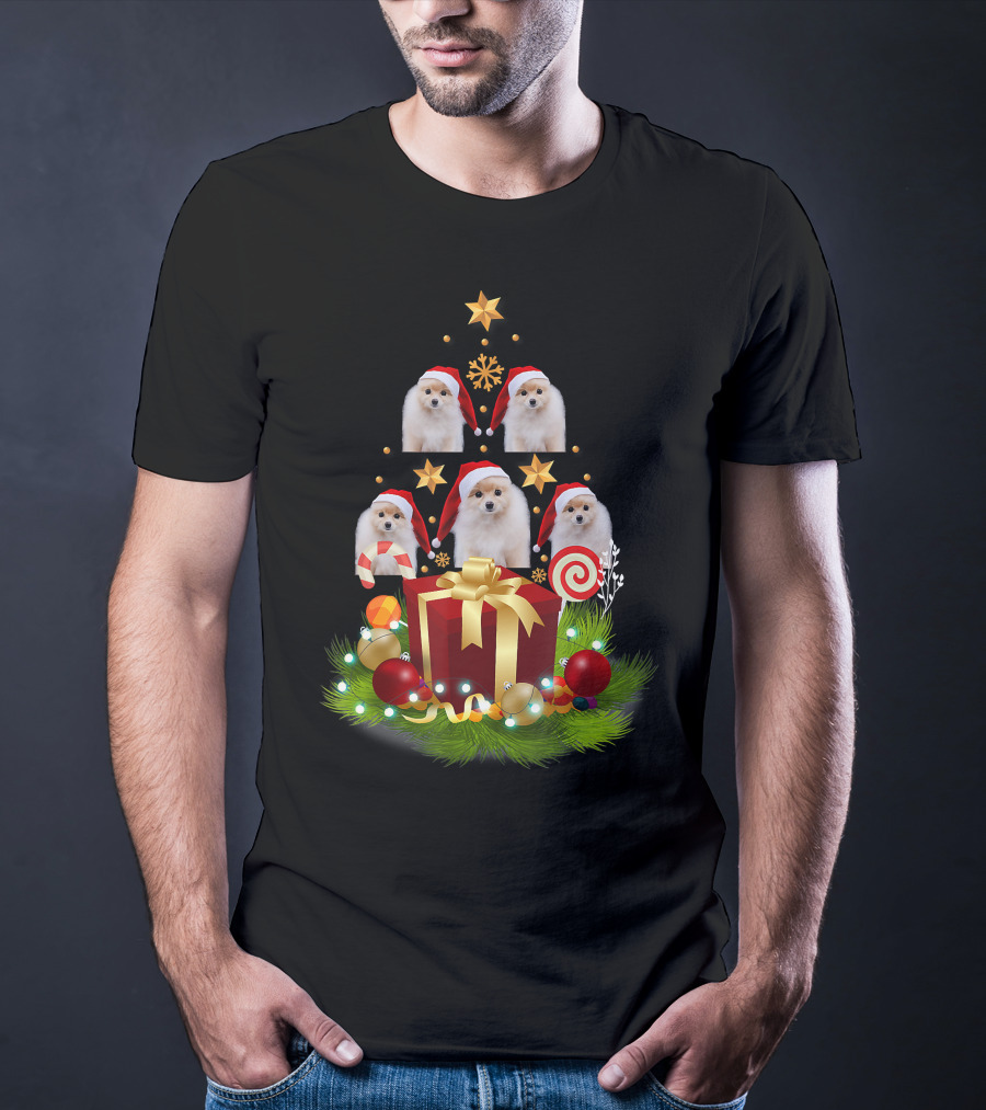 Santa Pomeranian Christmas Tree With Presents And Candy Canes T-Shirt
