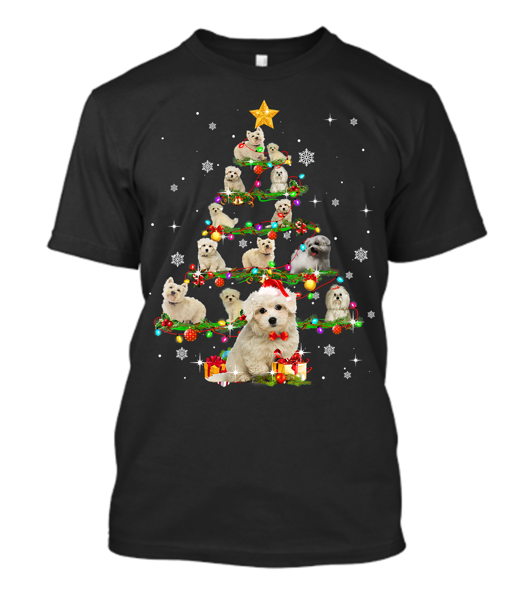 Maltese Christmas Tree With Santa Hat And Paw Up T-Shirt