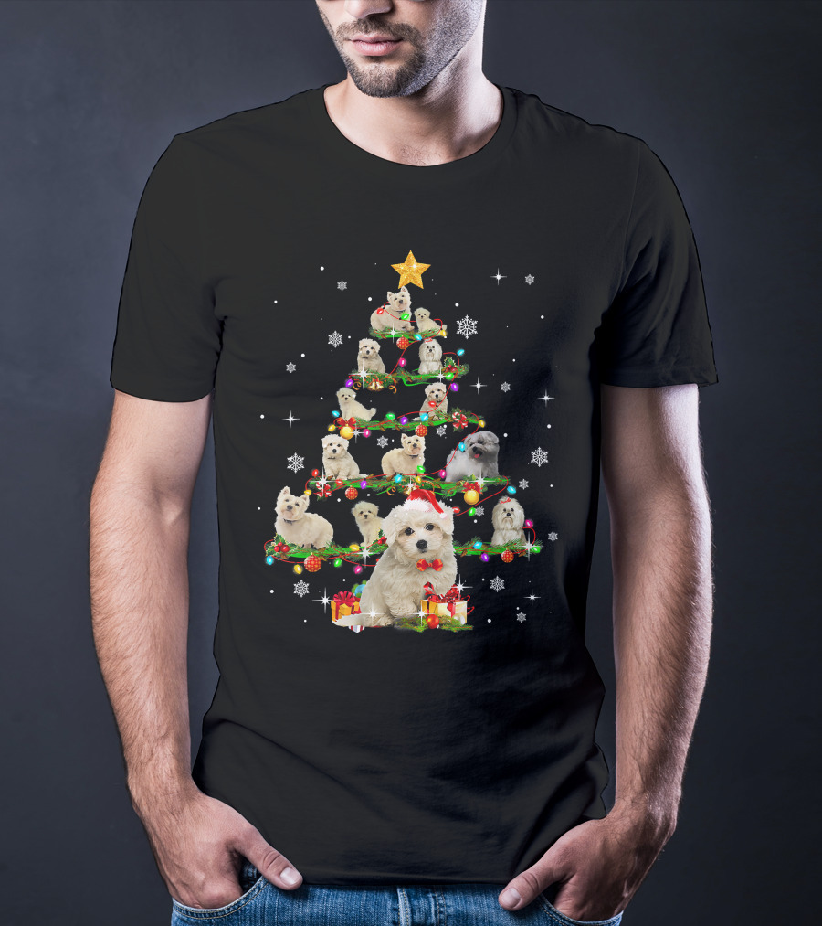 Maltese Christmas Tree With Santa Hat And Paw Up T-Shirt