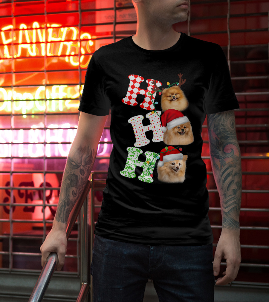 Ho Ho Ho Pomeranian Santa Hat Reindeer Antlers Christmas T-Shirt