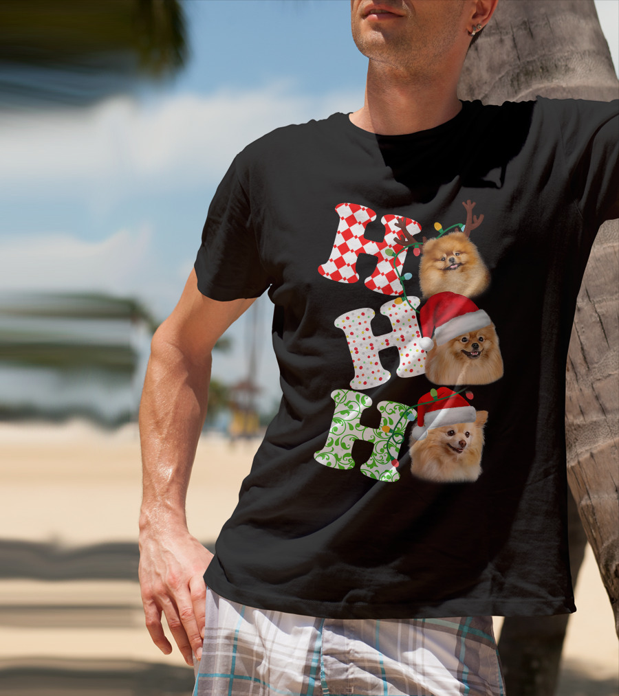 Ho Ho Ho Pomeranian Santa Hat Reindeer Antlers Christmas T-Shirt