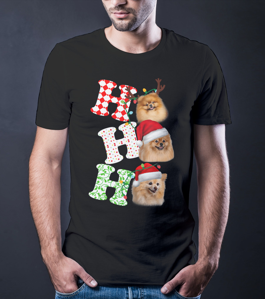 Ho Ho Ho Pomeranian Santa Hat Reindeer Antlers Christmas T-Shirt
