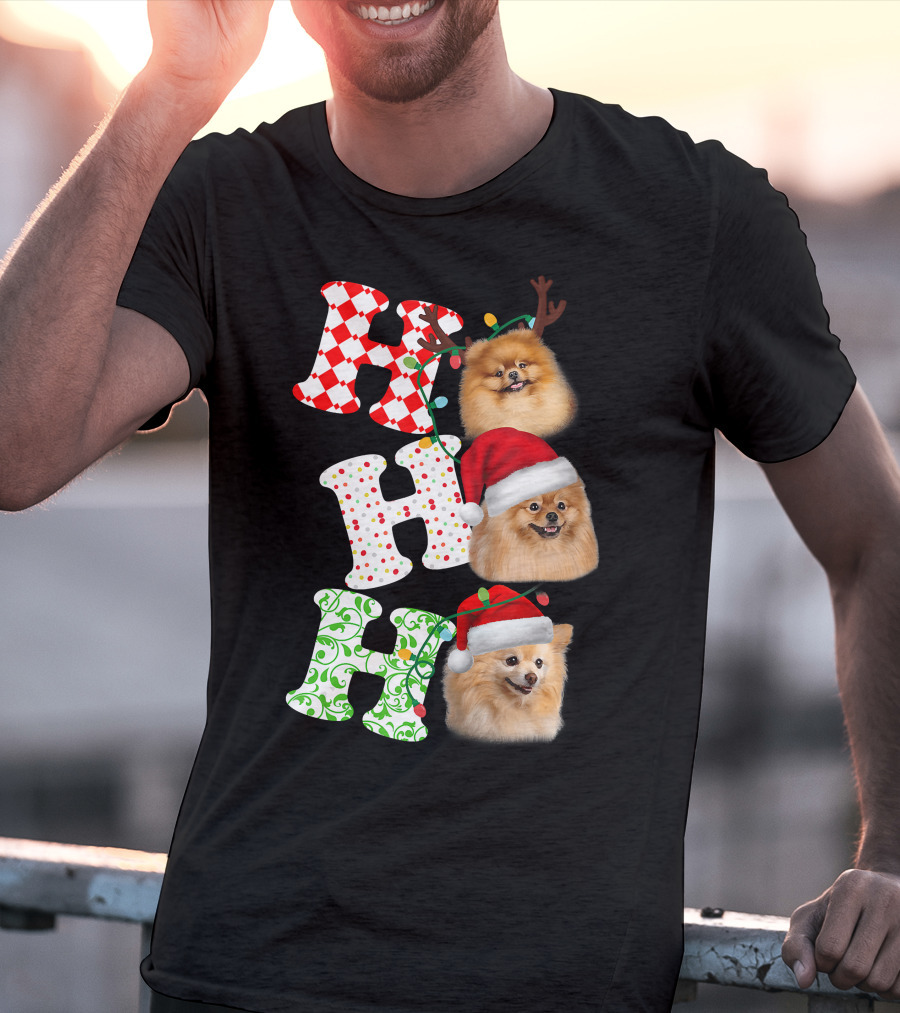 Ho Ho Ho Pomeranian Santa Hat Reindeer Antlers Christmas T-Shirt