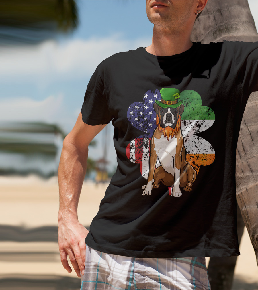 St Patricks Day Boxer Dog With Irish American Flag Shamrock T-Shirt