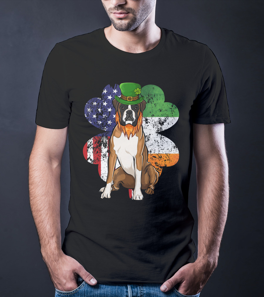St Patricks Day Boxer Dog With Irish American Flag Shamrock T-Shirt