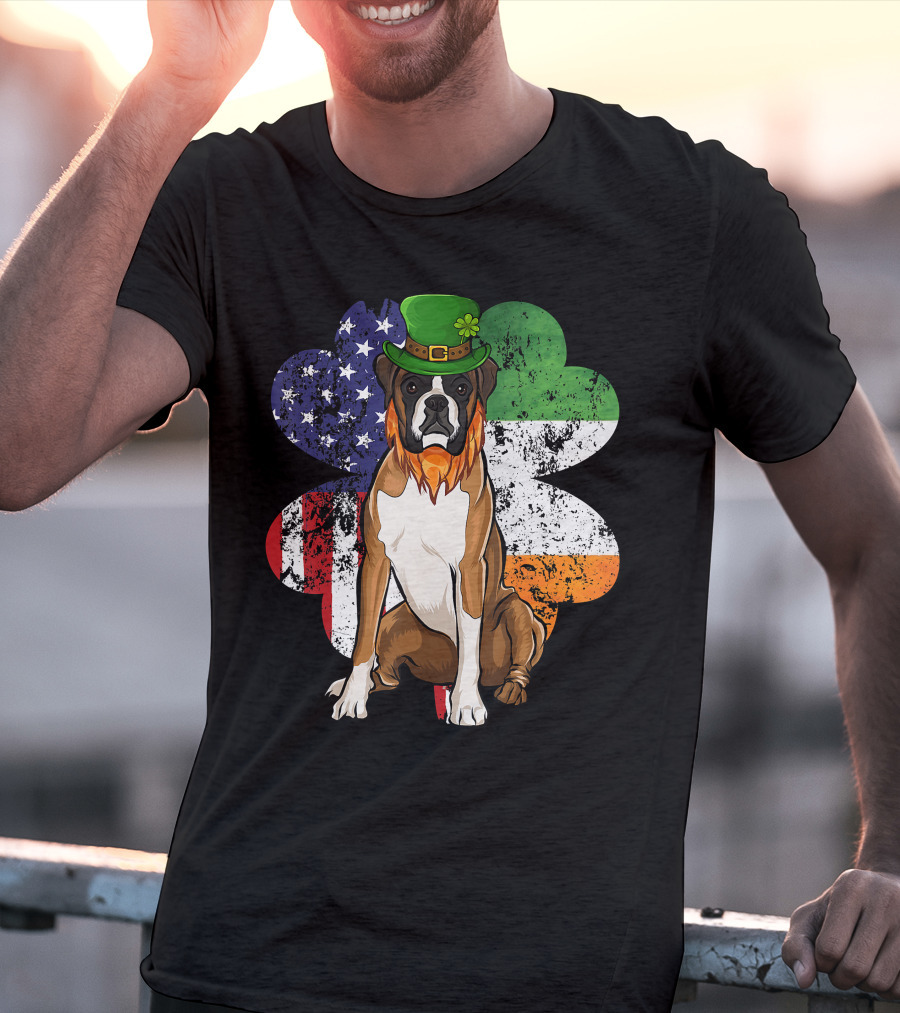 St Patricks Day Boxer Dog With Irish American Flag Shamrock T-Shirt