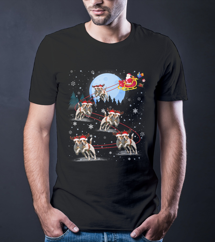 Jack Russell Reindeer Pulling Santa Sleigh Under Moonlit Snowfall T-Shirt