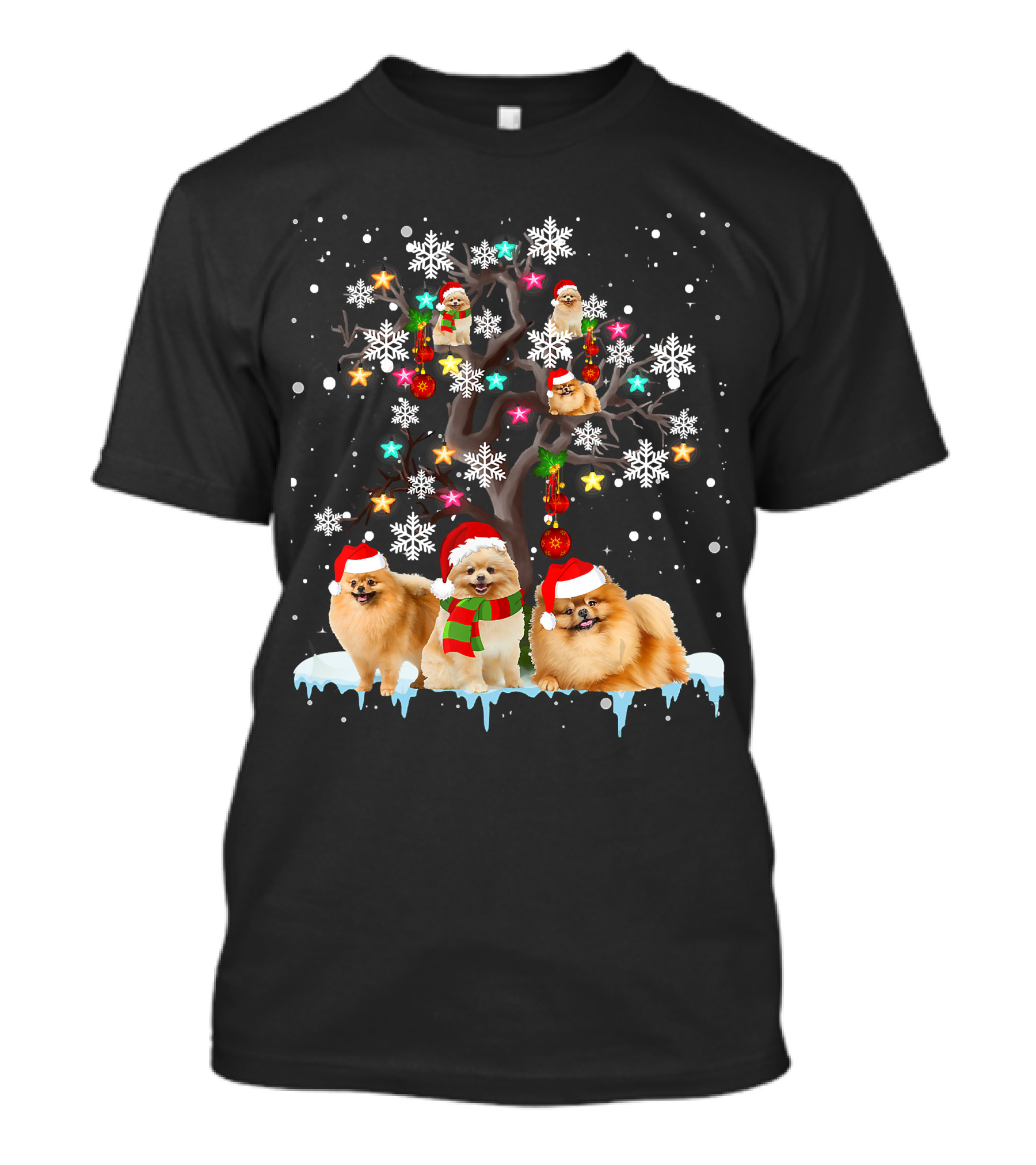 Pomeranian Santa Hat Snowflakes Christmas Tree T-Shirt