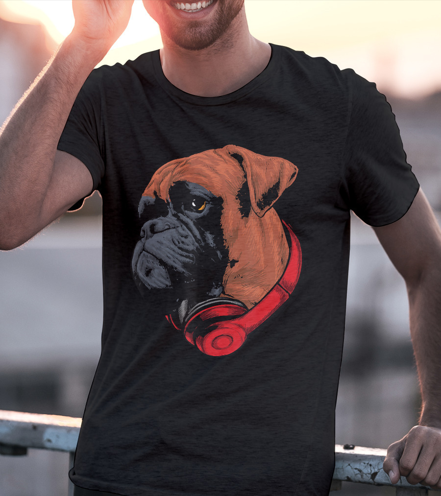 Boxer Dog With Red Headphones Cool Gaming T-Shirt