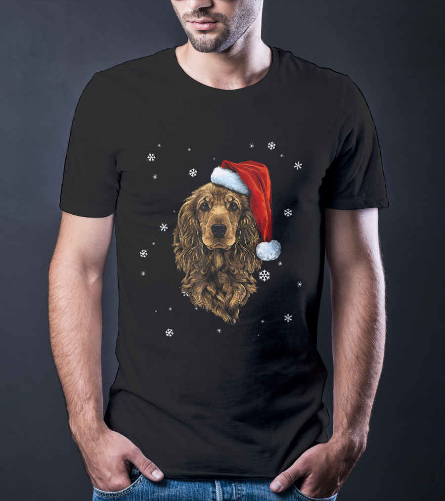 Cocker Spaniel Christmas Dog With Santa Hat And Snowflakes T-Shirt