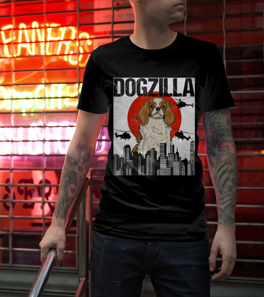 Funny Japanese Dogzilla Cavalier King Charles Helicopter City Skyline T-Shirt