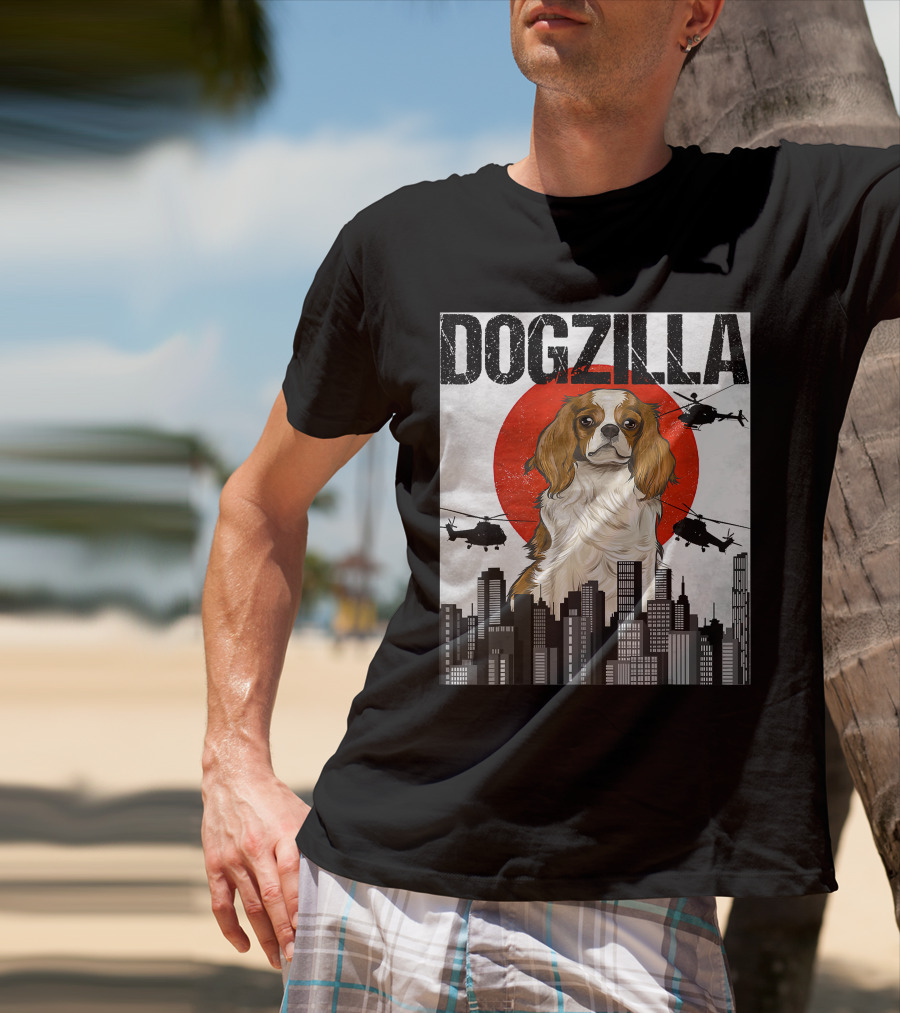 Funny Japanese Dogzilla Cavalier King Charles Helicopter City Skyline T-Shirt