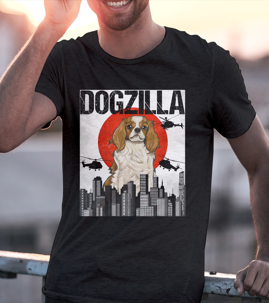 Funny Japanese Dogzilla Cavalier King Charles Helicopter City Skyline T-Shirt