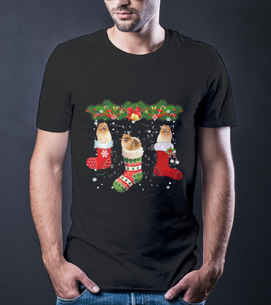 Three Pomeranian Dogs In Christmas Stockings Santa Holiday T-Shirt