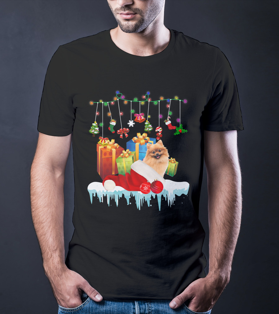Pomeranian Santa Hat Surrounded By Christmas Gifts And Fairy Lights T-Shirt