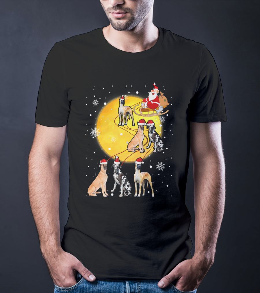 Santa Claus Sleigh Great Dane Reindeer Pack Moon Snowflakes T-Shirt