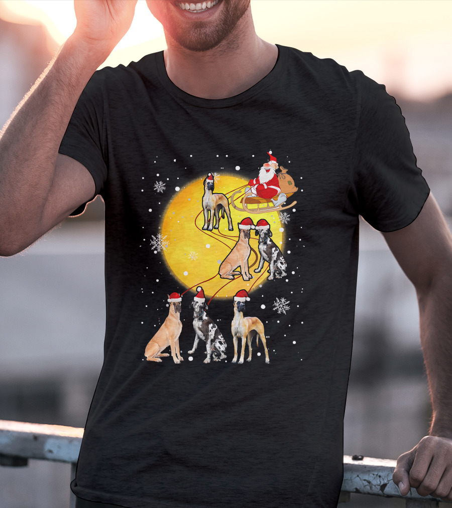 Santa Claus Sleigh Great Dane Reindeer Pack Moon Snowflakes T-Shirt