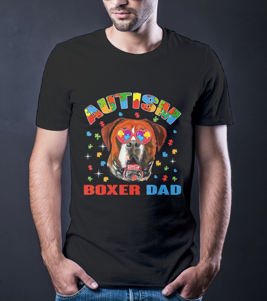 Autism Awareness Boxer Dog Dad With Heart Puzzle Glasses T-Shirt
