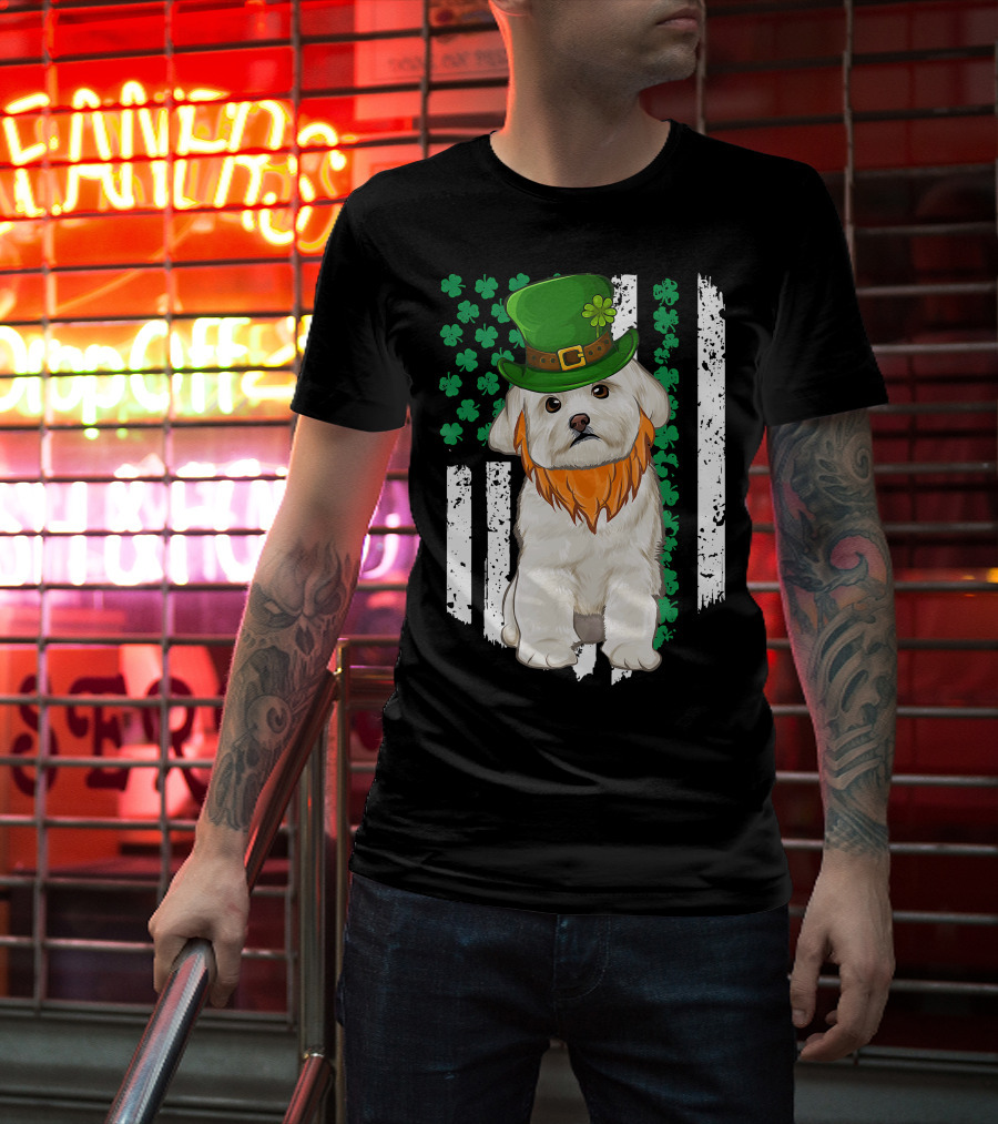 Maltese Dog With Leprechaun Hat And Shamrocks On Irish American Flag For St Patrick's Day T-Shirt