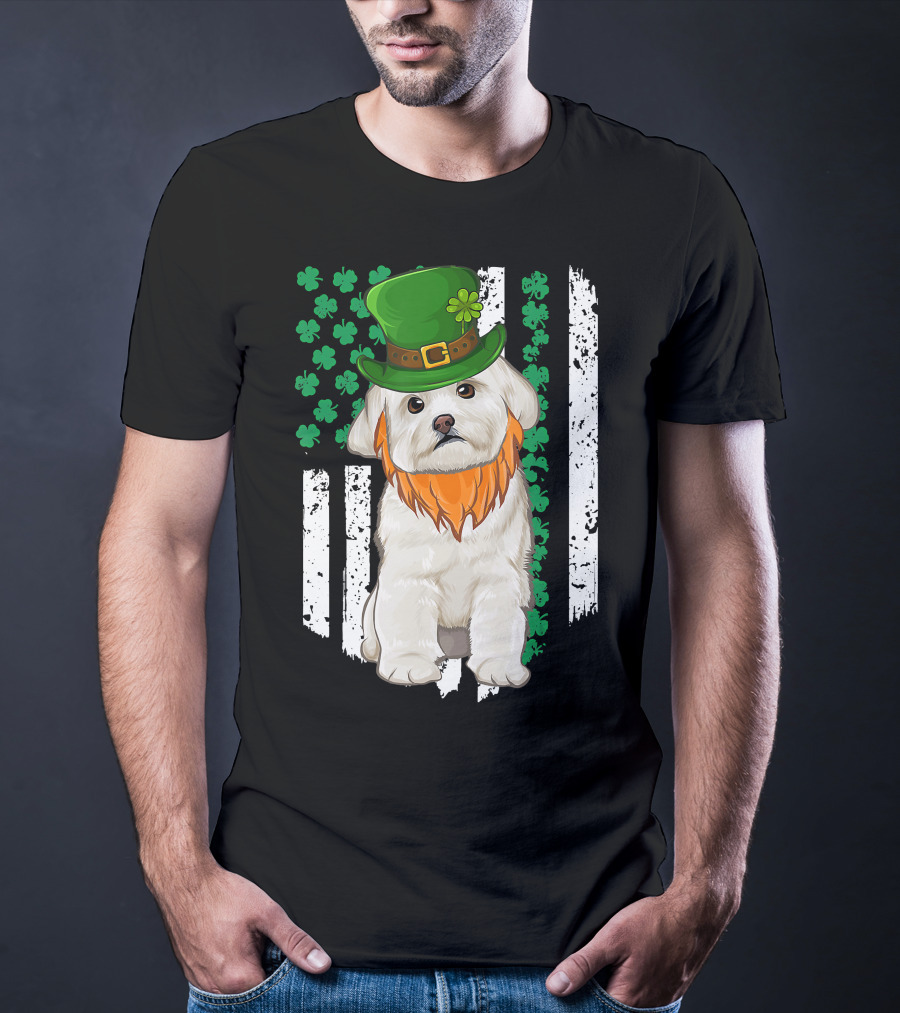 Maltese Dog With Leprechaun Hat And Shamrocks On Irish American Flag For St Patrick's Day T-Shirt