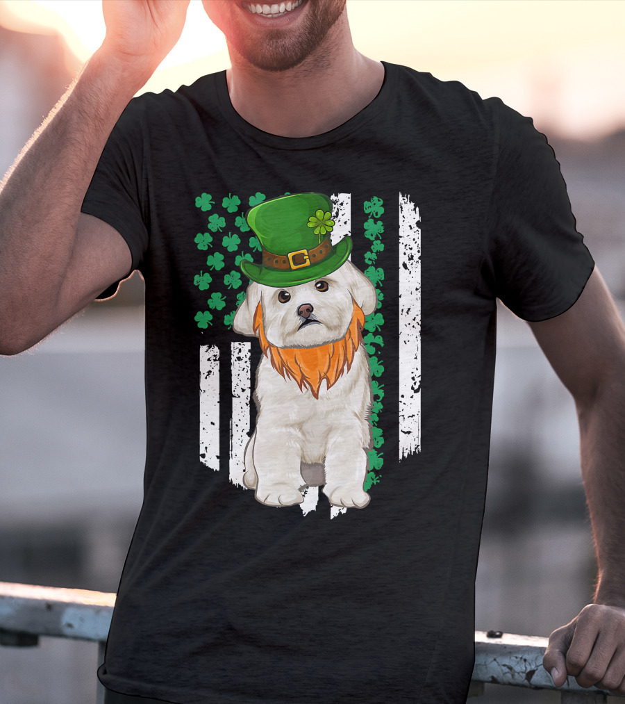 Maltese Dog With Leprechaun Hat And Shamrocks On Irish American Flag For St Patrick's Day T-Shirt
