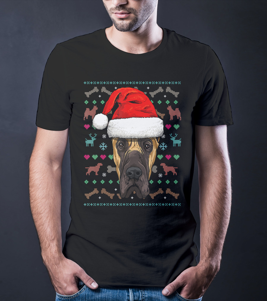 Great Dane Santa Hat Ugly Christmas Dog Reindeer Snowflake Hearts T-Shirt