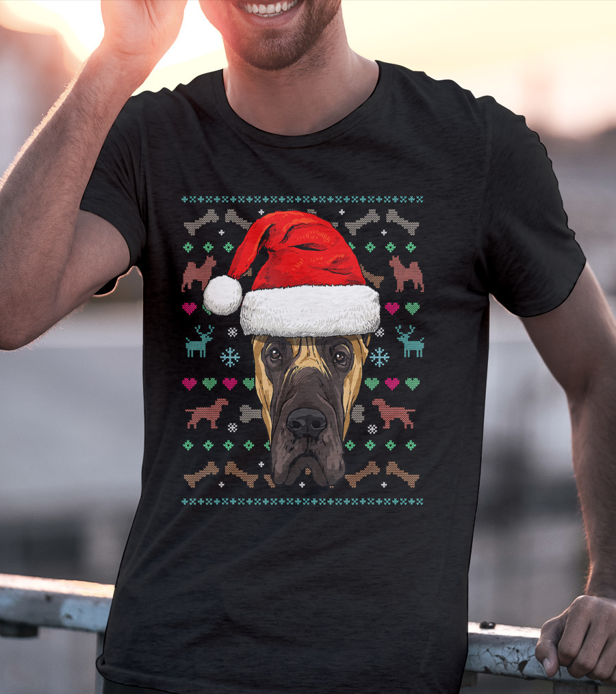 Great Dane Santa Hat Ugly Christmas Dog Reindeer Snowflake Hearts T-Shirt