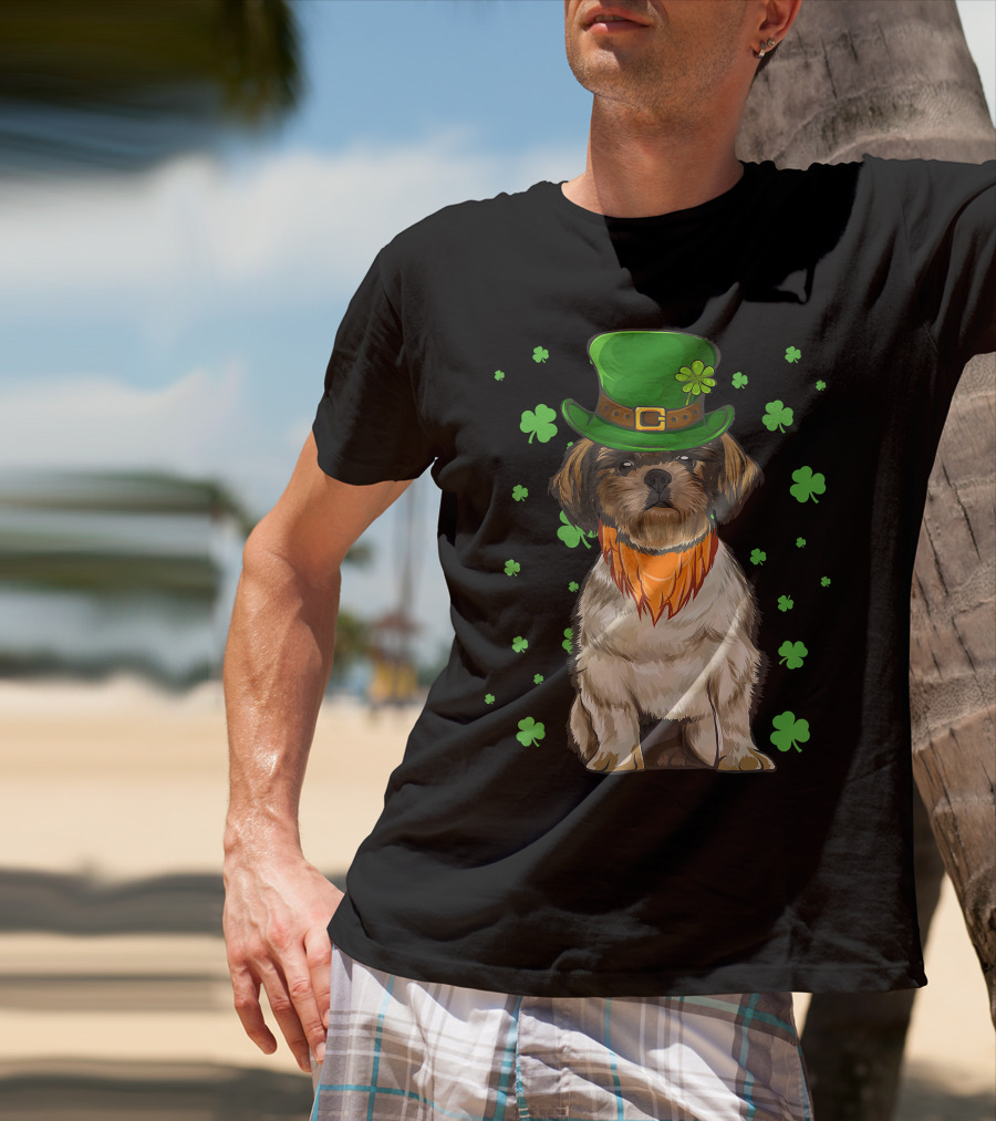 St Patricks Day Shih Tzu Dog With Green Hat And Shamrocks T-Shirt