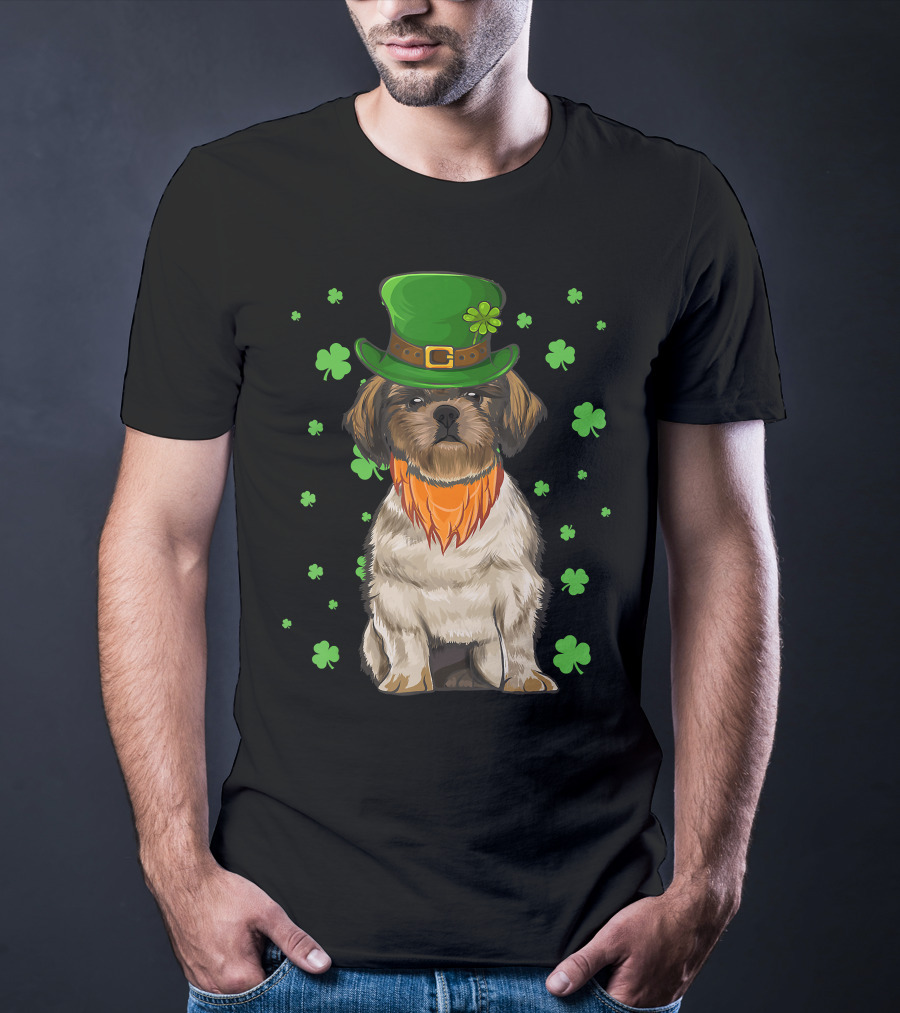 St Patricks Day Shih Tzu Dog With Green Hat And Shamrocks T-Shirt