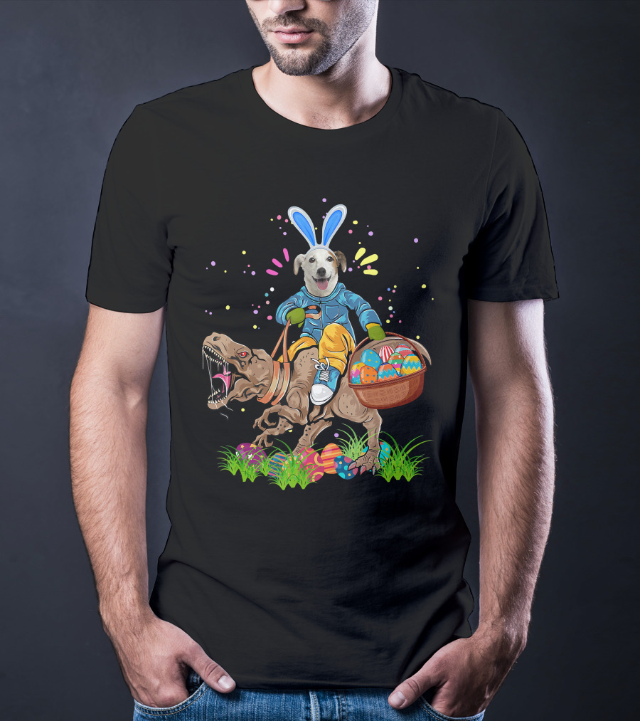 Bunny Jack Russell Dog Riding T-Rex Dinosaur With Colorful Easter Eggs T-Shirt