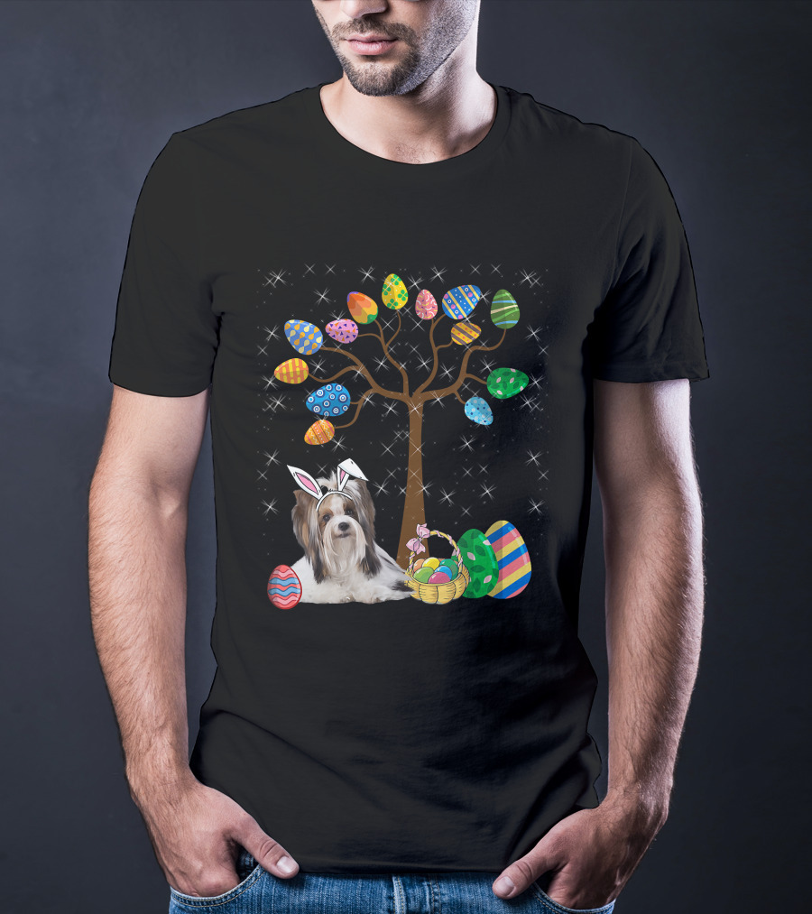 Shih Tzu Dog With Easter Egg Tree And Basket Hunt Day T-Shirt