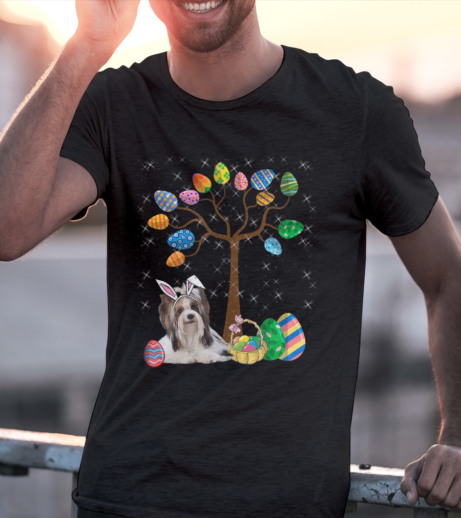 Shih Tzu Dog With Easter Egg Tree And Basket Hunt Day T-Shirt