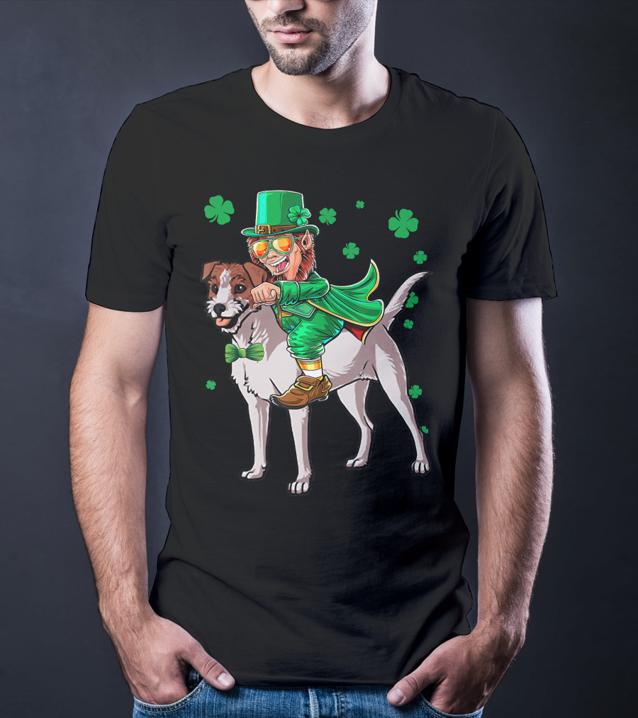 Leprechaun Jack Russell Terrier Riding Shamrock Luck T-Shirt