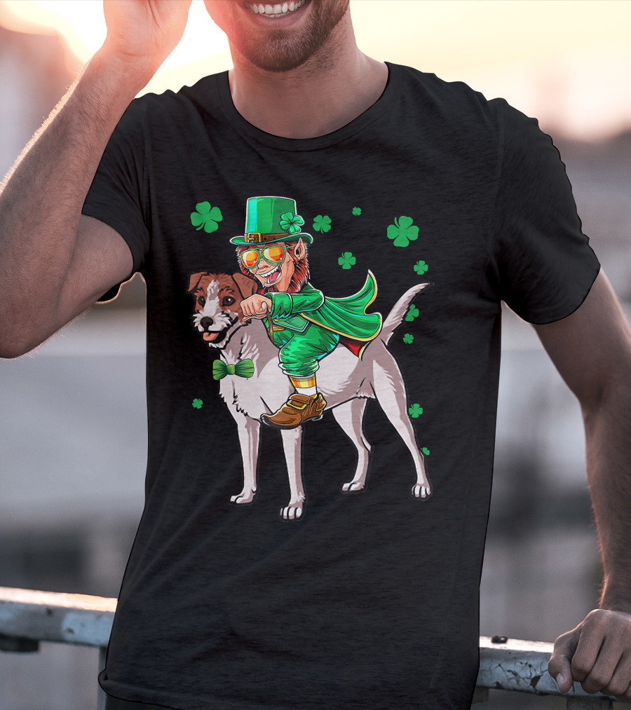 Leprechaun Jack Russell Terrier Riding Shamrock Luck T-Shirt