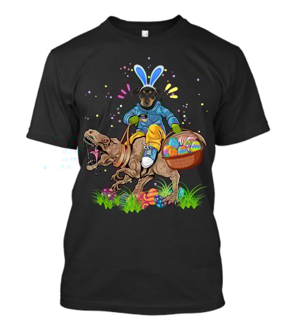 Bunny Rottweiler Dog Riding Rex Dinosaur With Easter Basket T-Shirt