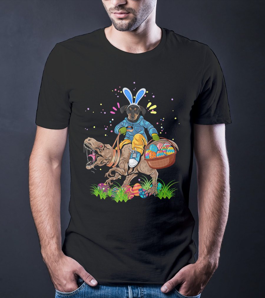 Bunny Rottweiler Dog Riding Rex Dinosaur With Easter Basket T-Shirt
