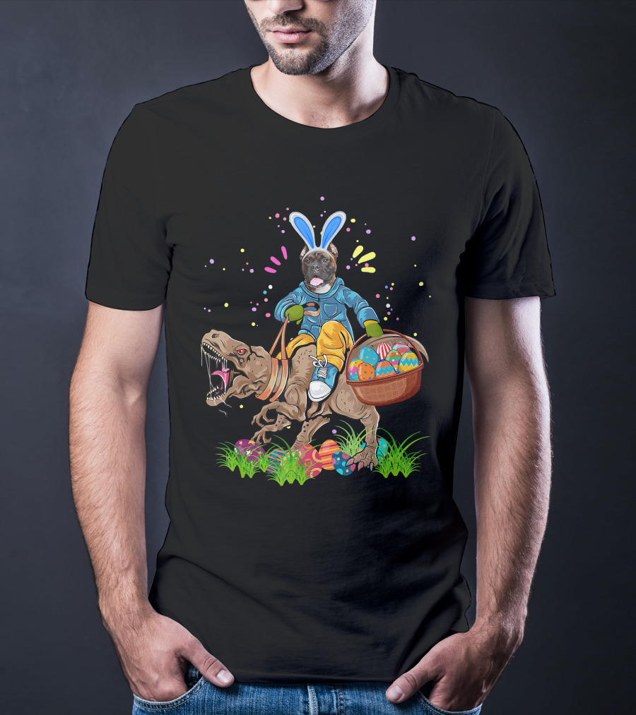 Bunny Boxer Dog Riding Rex Dinosaur With Easter Eggs Basket T-Shirt