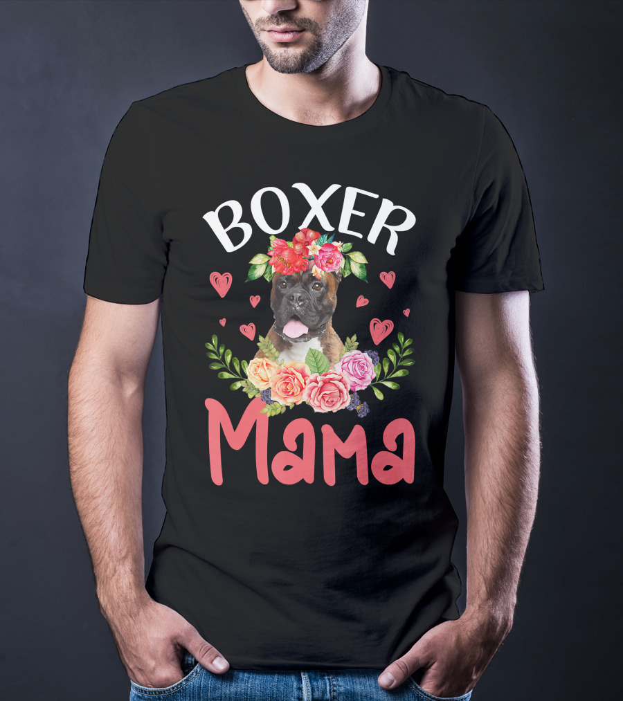 Boxer Mama Floral Dog Heart Blossoms T-Shirt